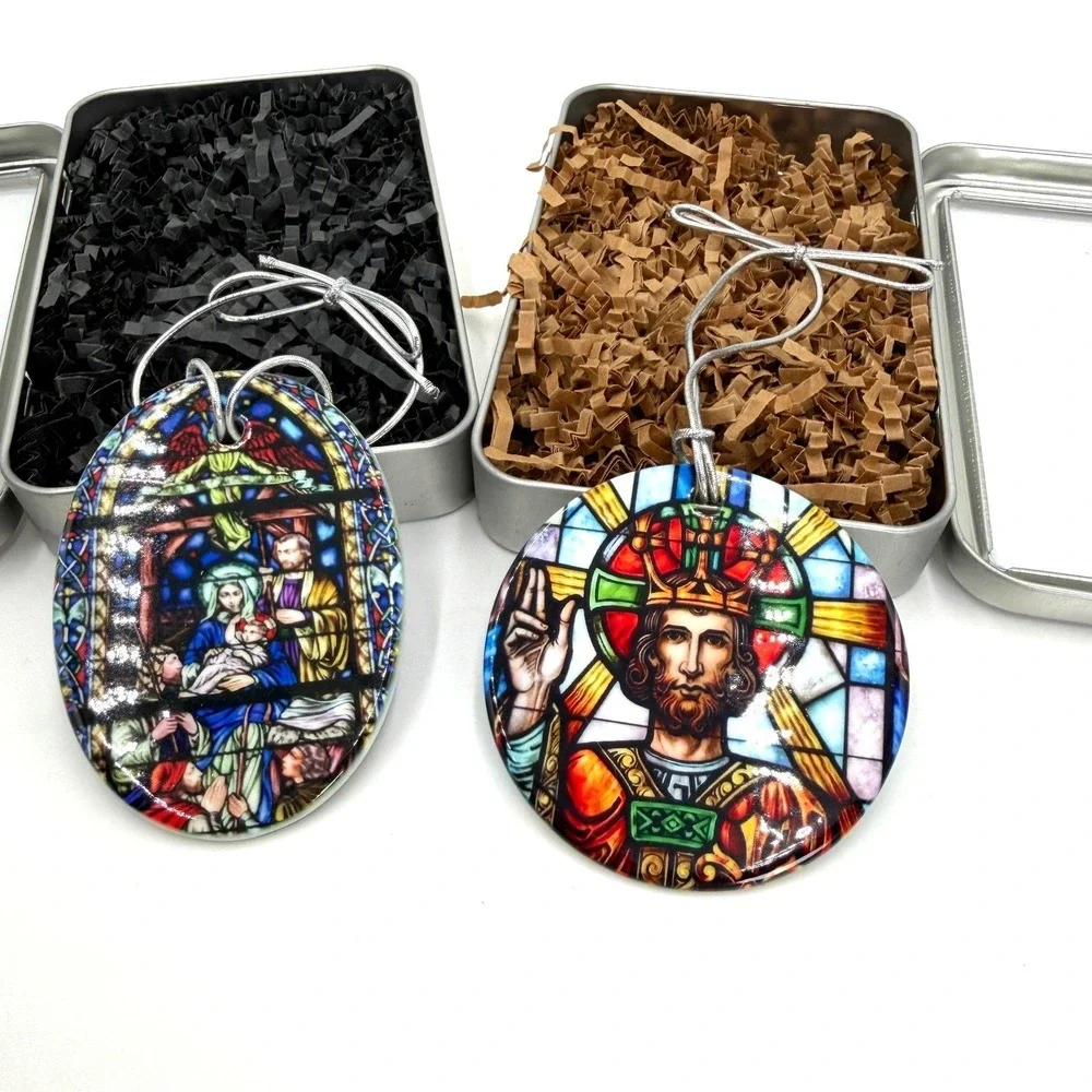 Set of 2 Religious Stained Glass Style Jesus Christ Nativity Ornaments with Tins